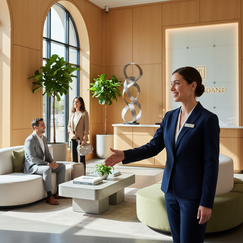 A professional receptionist welcoming guests in a modern lobby.