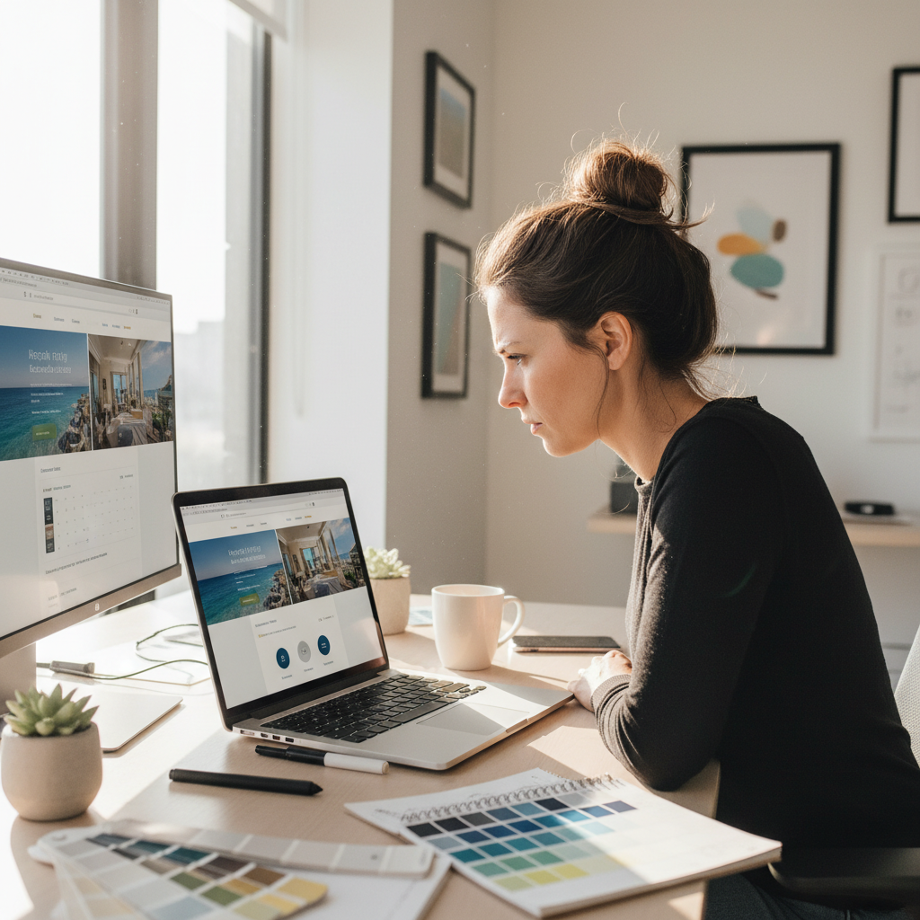 Woman working on a laptop in a modern office space with a coffee cup and design samples on the desk.
