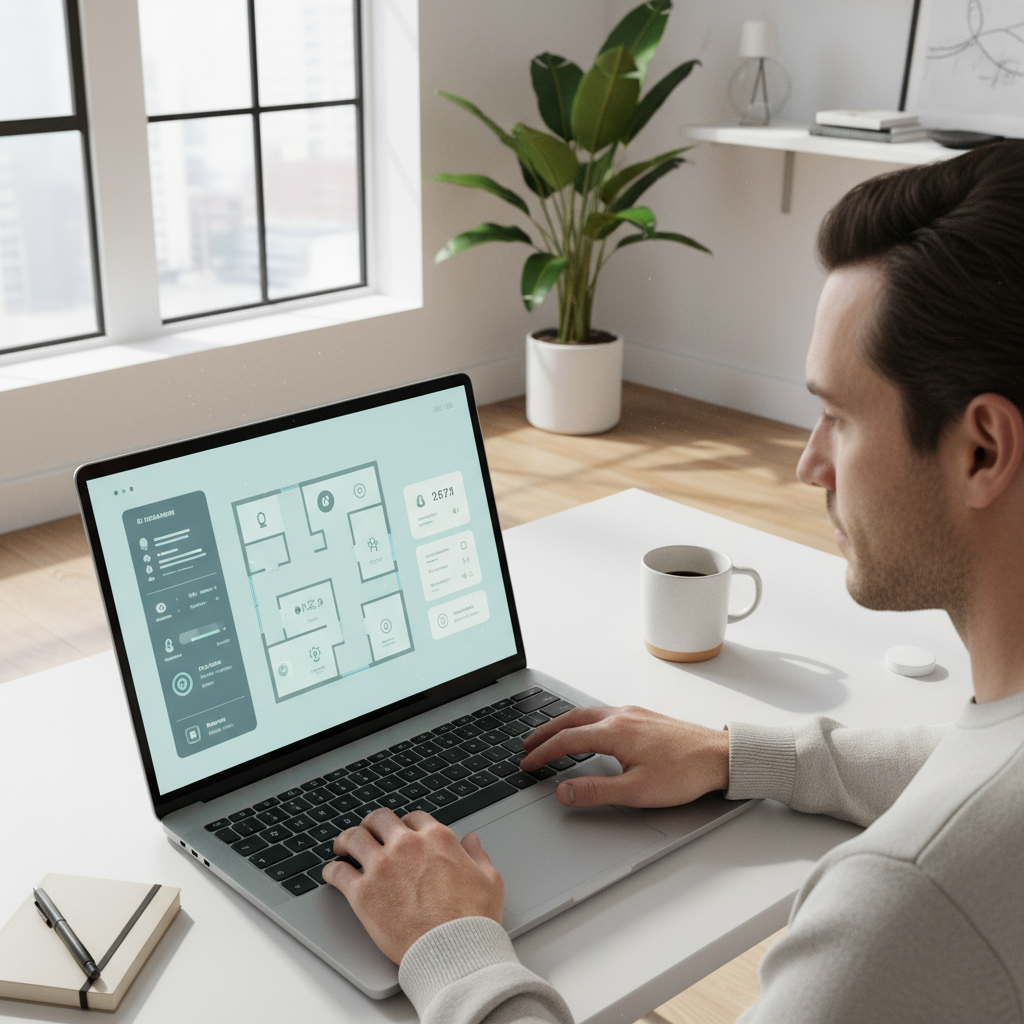 A person working on a laptop with a user interface design displayed.