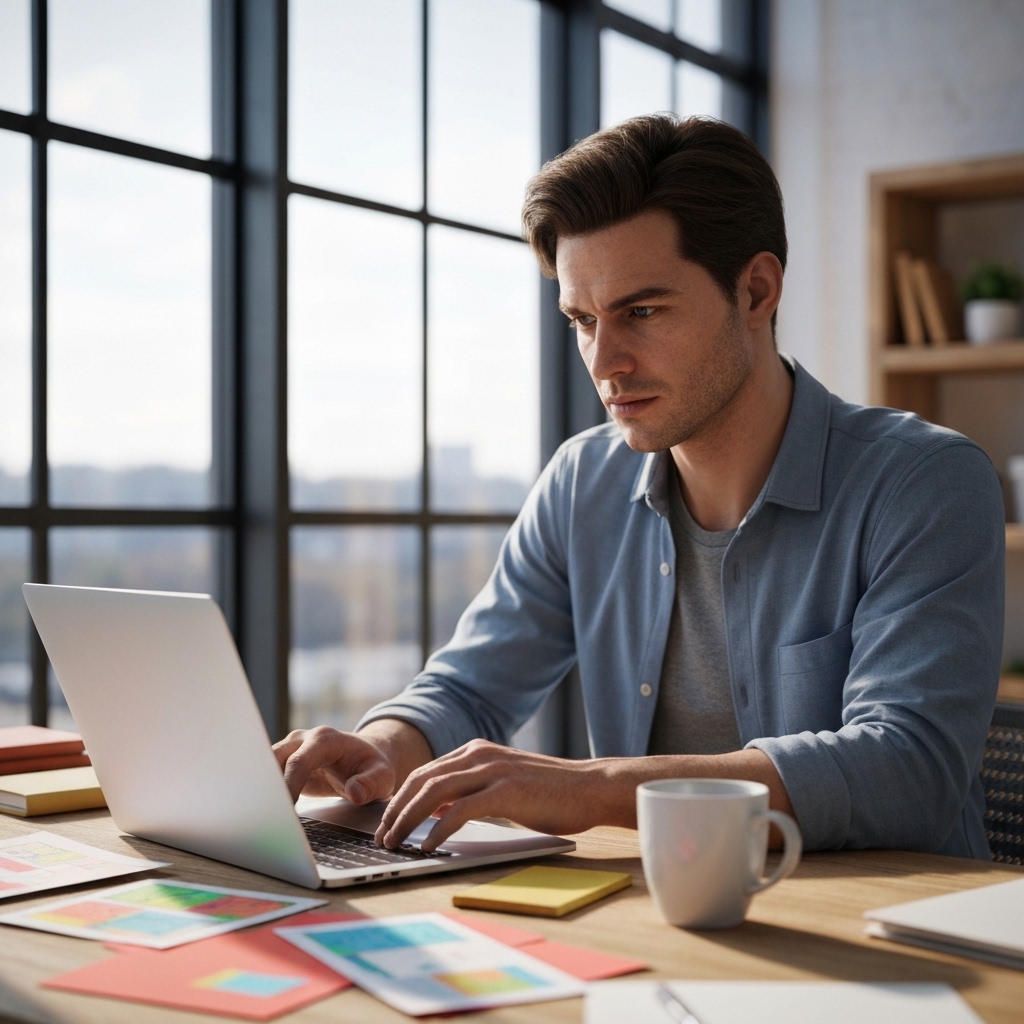 Focused man working on a laptop at a bright desk with colorful sticky notes.