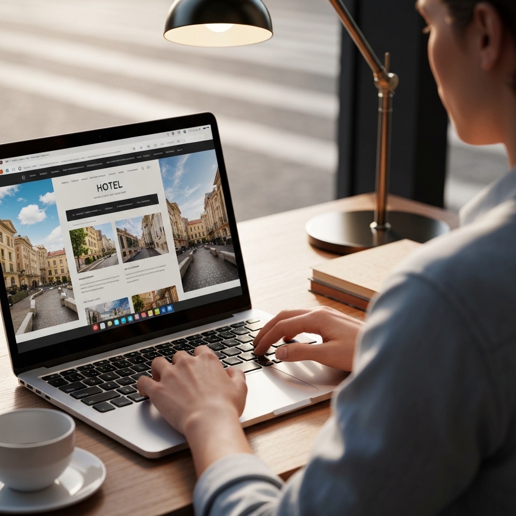 Person browsing hotel website on a laptop at a café table.