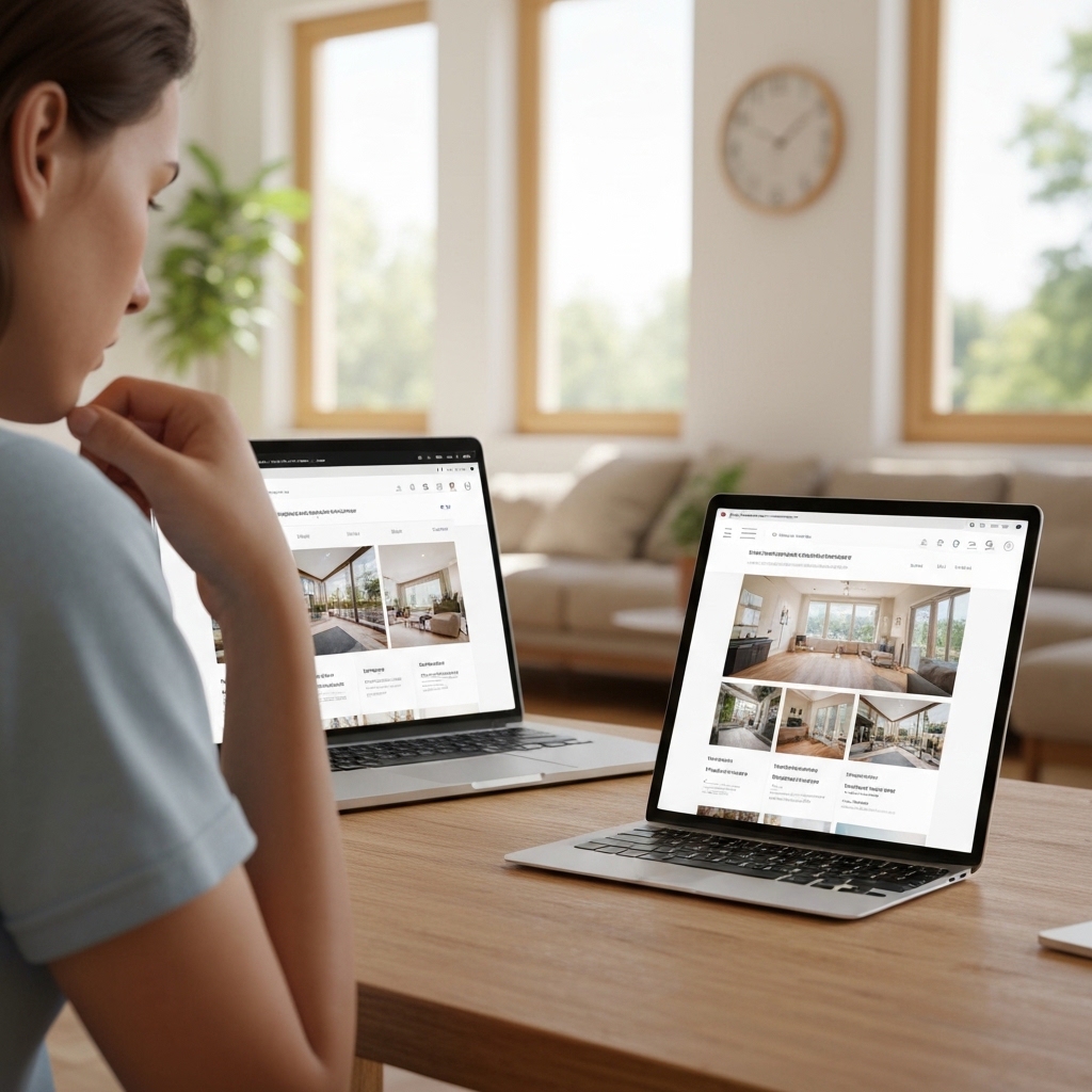 Person browsing real estate listings on laptops in a cozy living room.