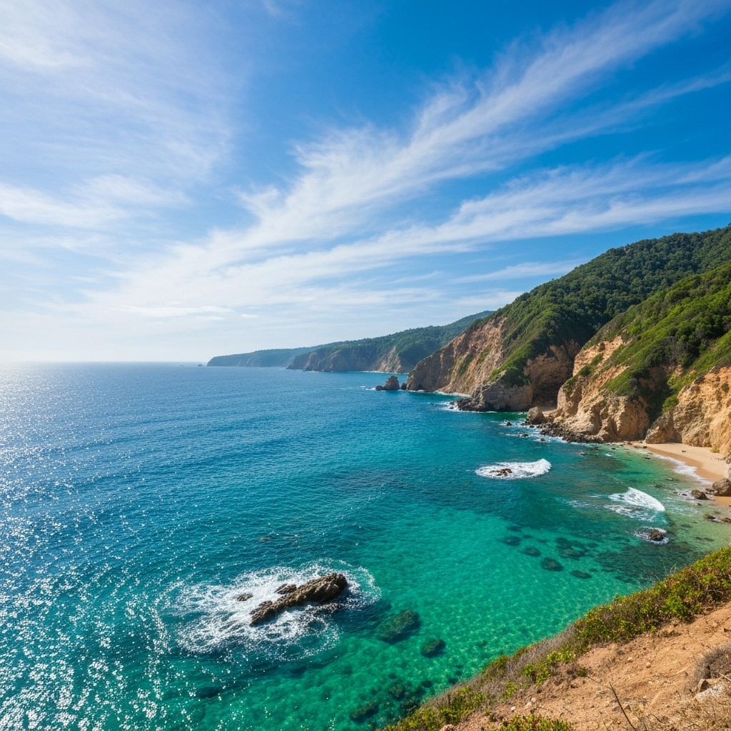 Scenic coastal landscape with turquoise water and cliffs under a blue sky.