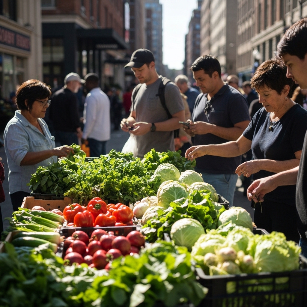 People shopping at a vibrant outdoor farmer's market with fresh vegetables.