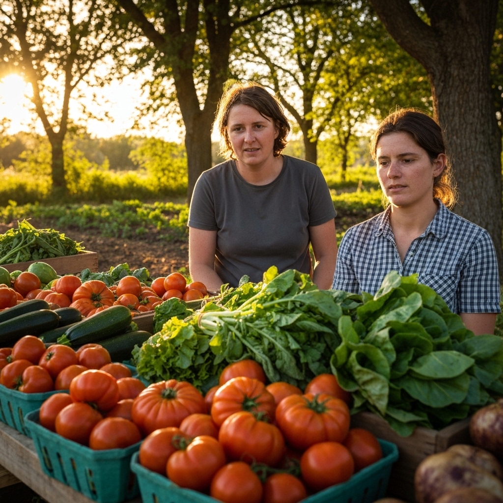 Two women at a farm stand surrounded by fresh vegetables in golden sunlight.